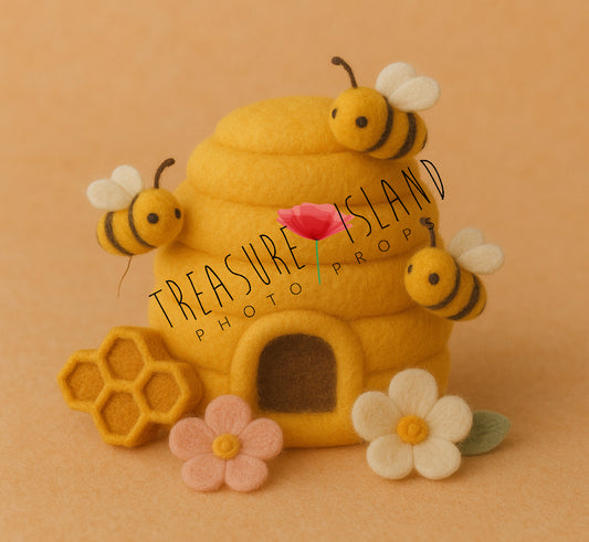 Handmade Felt Beehive Set with Bees, Honeycomb and Flowers – Photography Prop