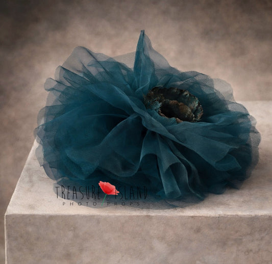 Handmade teal tulle flower prop with hand painted dried exotic flower center, fine art background, luxury newborn photography prop