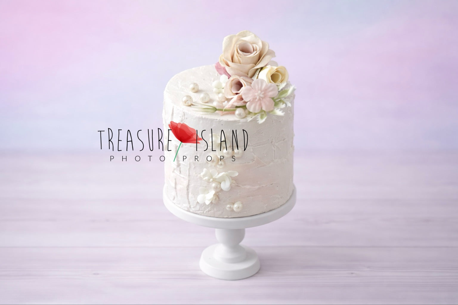 “White textured Cake Smash photography prop with pastel roses, delicate blossoms and pearl details on soft pastel studio background