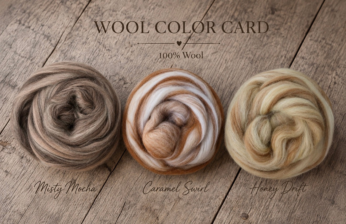 Three wool roving samples labeled Misty Mocha, Caramel Swirl, and Honey Draft arranged on a rustic wood background under the text 'WOOL COLOR CARD 100% Wool'.