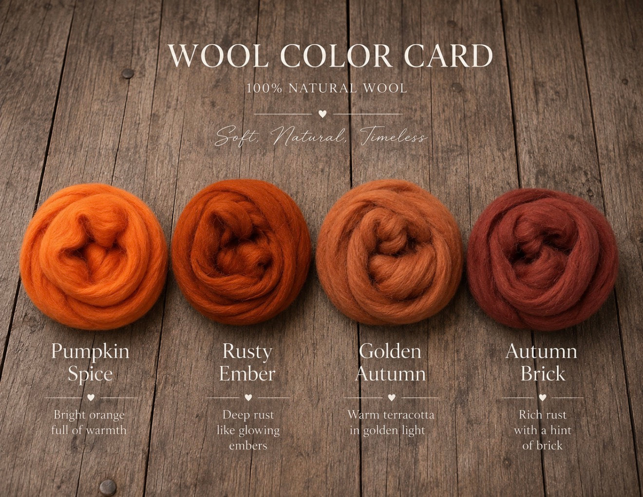 Four wool rosettes in warm autumn shades are arranged on a rustic wooden surface under the text 'WOOL COLOR CARD'. The colors are labeled Pumpkin Spice, Rusty Ember, Golden Autumn, and Autumn Brick, with additional text reading '100% NATURAL WOOL' and 'Soft Natural Textured'.