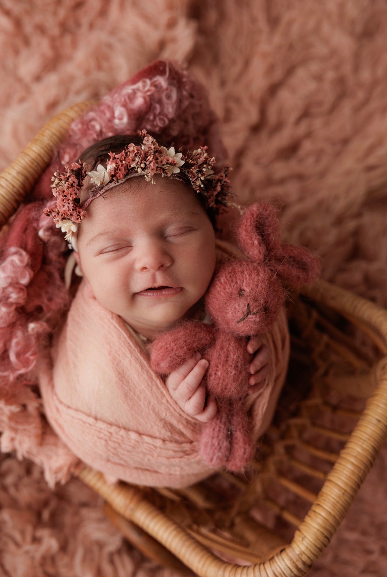 Mauve Curly Woven Wool Blanket with Sheep Locks used in Newborn Photography.