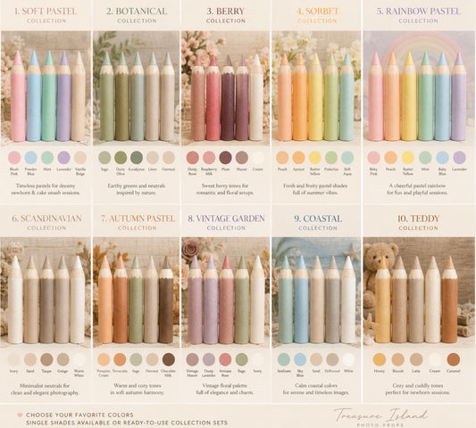 Color collection chart of handmade styrofoam colored pencils photography props featuring Soft Pastel, Botanical, Berry, Sorbet, Rainbow Pastel, Scandinavian, Autumn Pastel, Vintage Garden, Coastal and Teddy color palettes for newborn, cake smash and back to school photography.