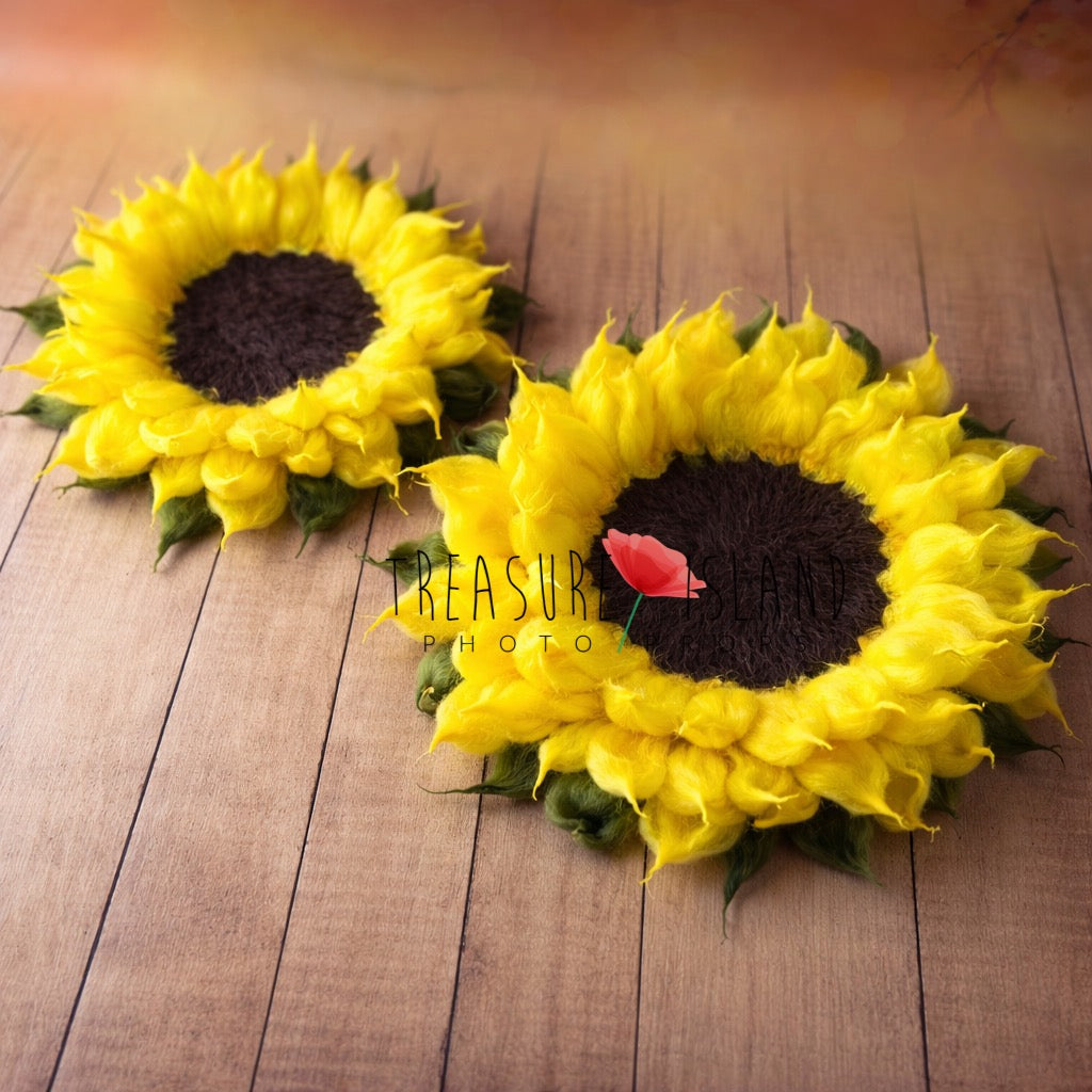 2 sizes of Luxury handfelted sunflower prop for newborn and sitter photography, soft yellow wool petals and rich textured center on dark wooden background
