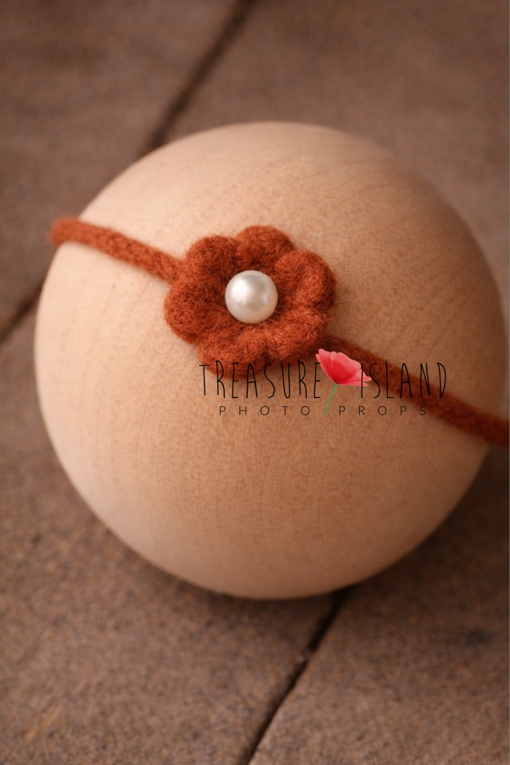 Hand-felted rust flower headband with pearl detail, wool newborn photography prop