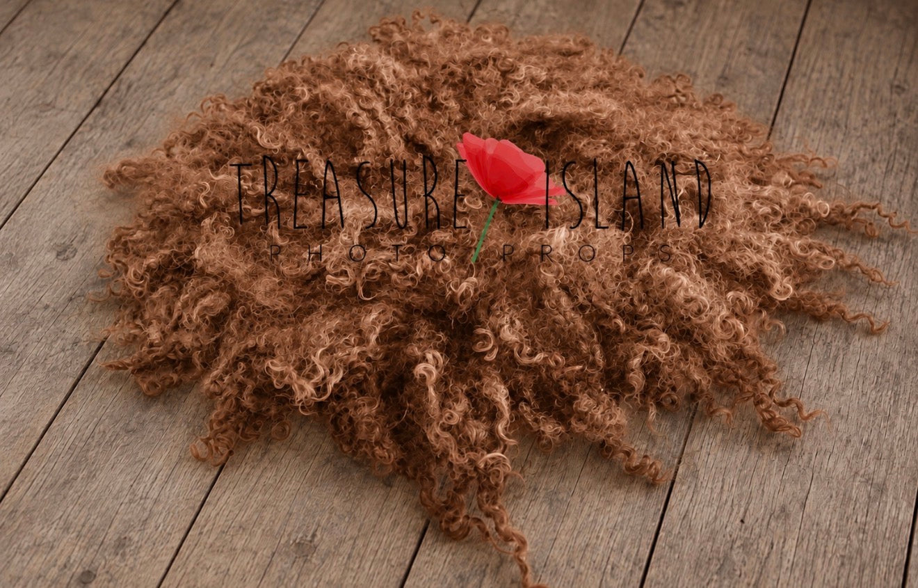Milk Chocolate hand felted curly wool blanket with natural sheep curls for newborn photography