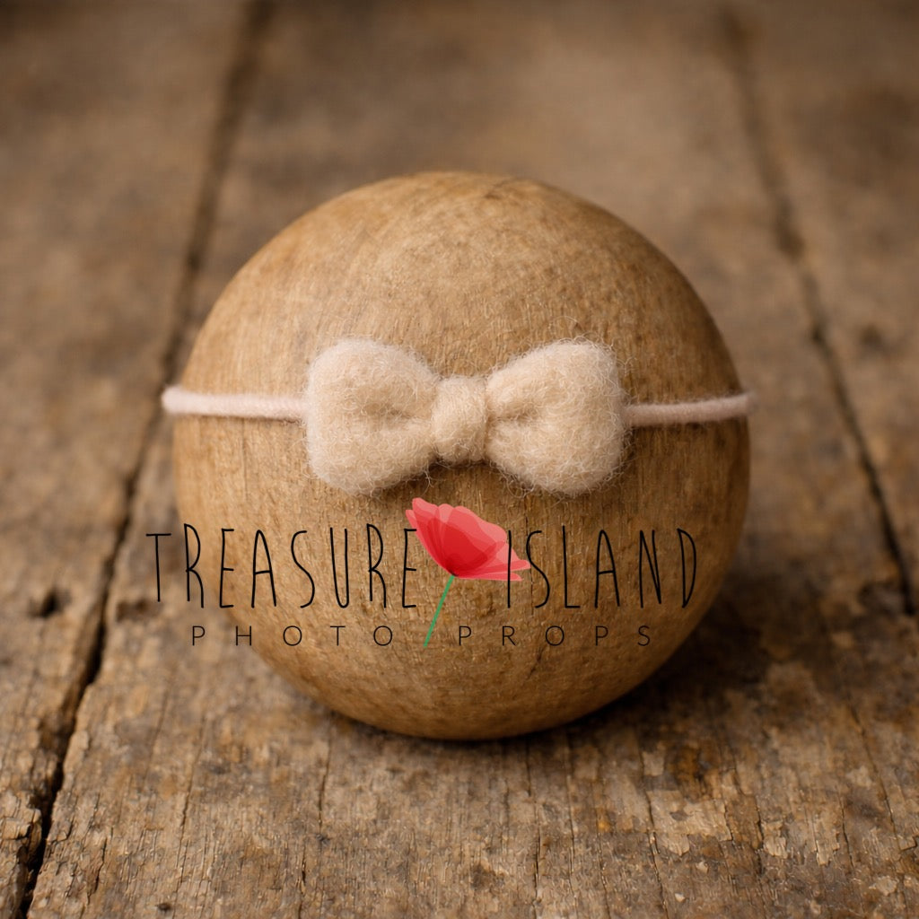 Hand-felted beige bow headband on wool string, newborn photography prop