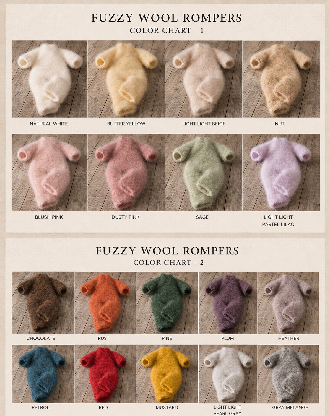 Fluffy knitted photography rompers in a wide selection of available colours