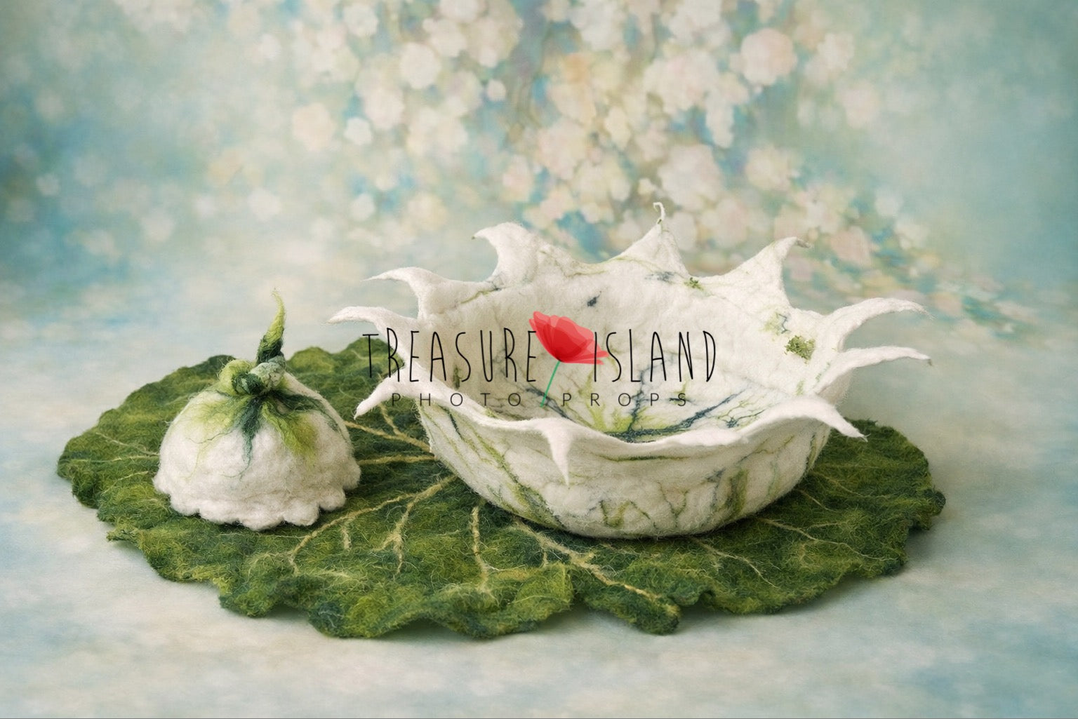 Handmade ivory felted bowl with botanical detailing and matching newborn bonnet. Unique artisan prop for newborn and sitter photography. Available in two sizes.