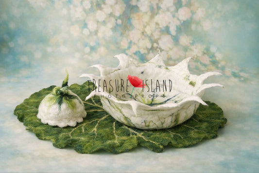 Handmade ivory felted bowl with botanical detailing and matching newborn bonnet. Unique artisan prop for newborn and sitter photography. Available in two sizes.
