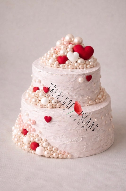 Pearl Love Cake Smash Prop – Luxury Handcrafted Styrofoam Cake with Pearls & Felted Hearts
