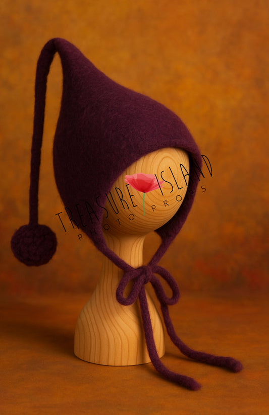 Felted Plum Pixie Bonnet with Pom-Pom