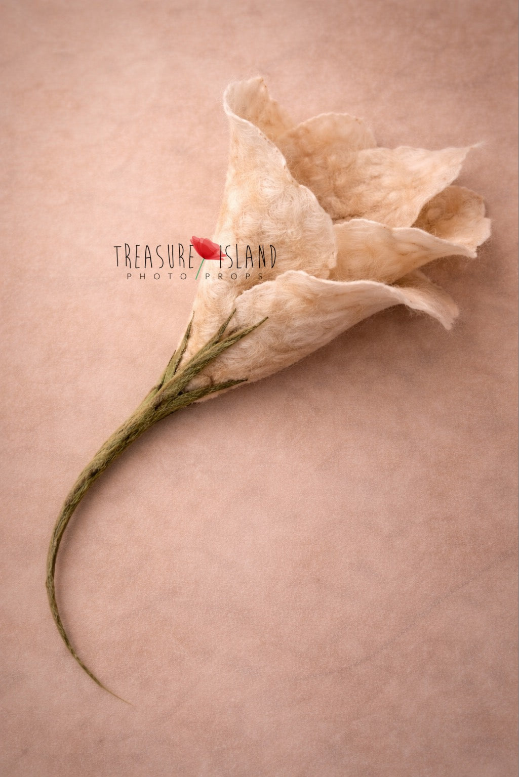 Hand felted newborn photography flower prop in soft cream and beige tones with full green stem – unique artisan baby photo accessory