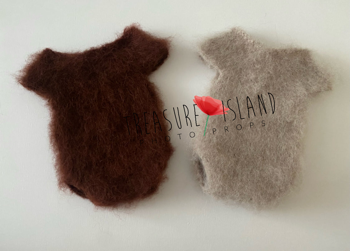 Beige and chestnuts fluffy knitted baby bodysuits for newborn photography styling