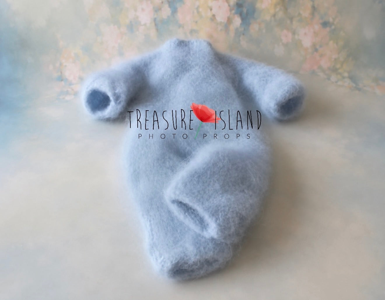  Blue sky knitted newborn romper, handmade photography outfit for newborn baby photo sessions by Treasure Island Photo Props