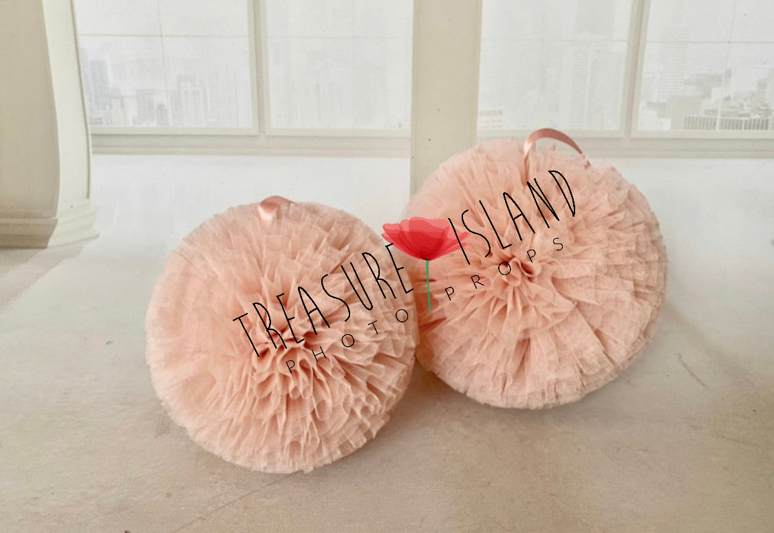 Blush Pink tulle pom poms in assorted sizes with ribbons