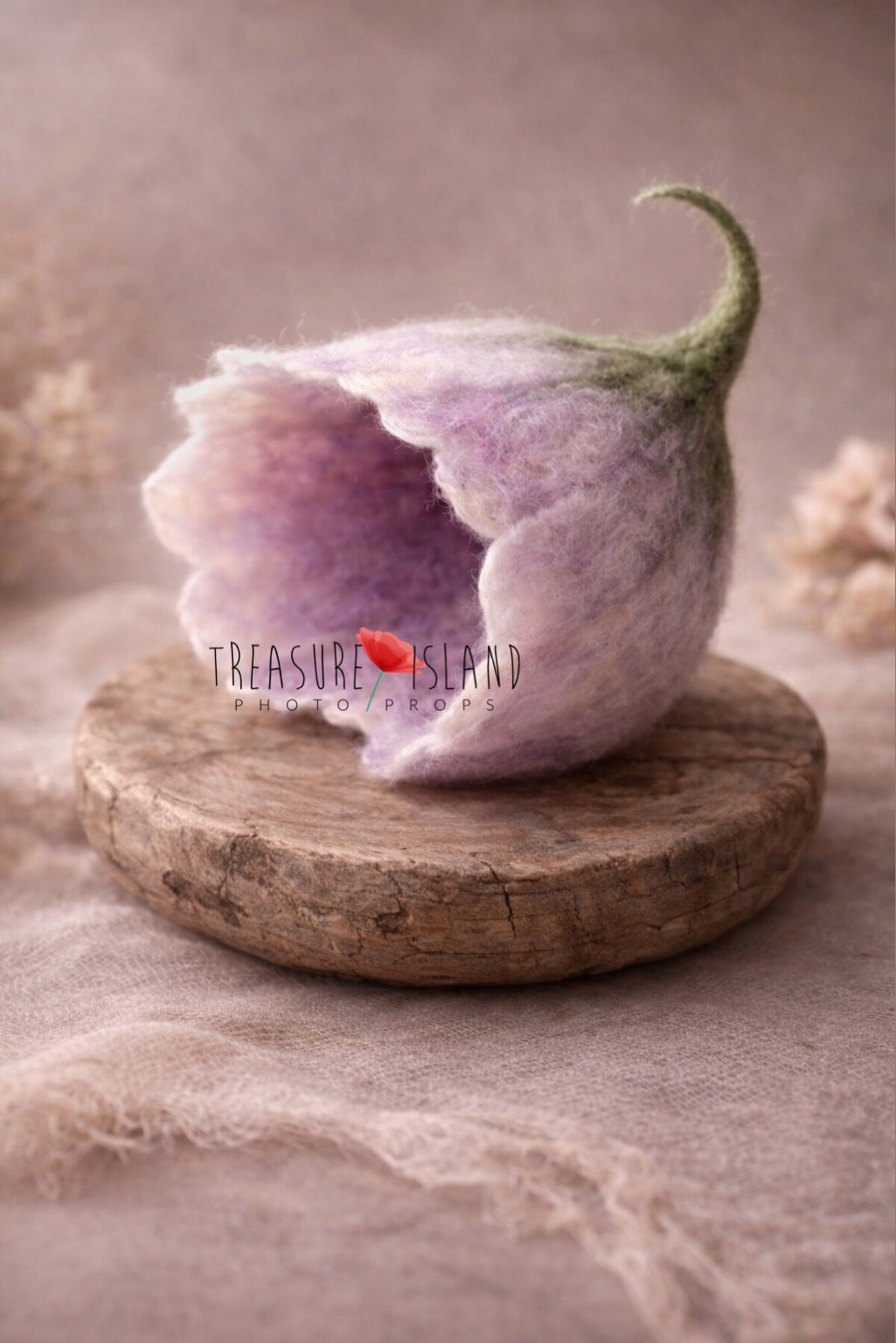 Hand-felted flower bonnet in blush lavender for newborn photography