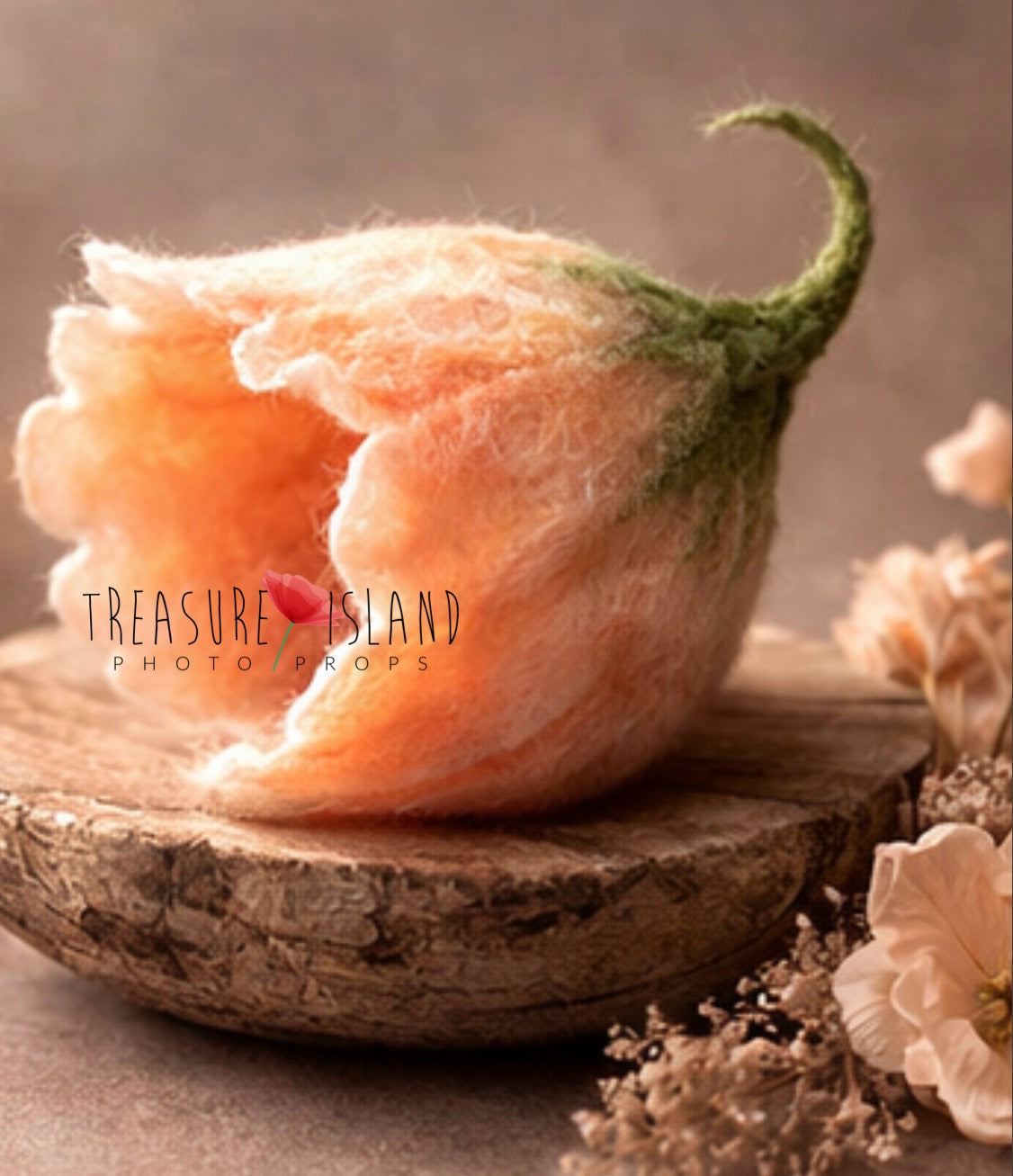 Hand-felted flower bonnet in blush peach for newborn photography