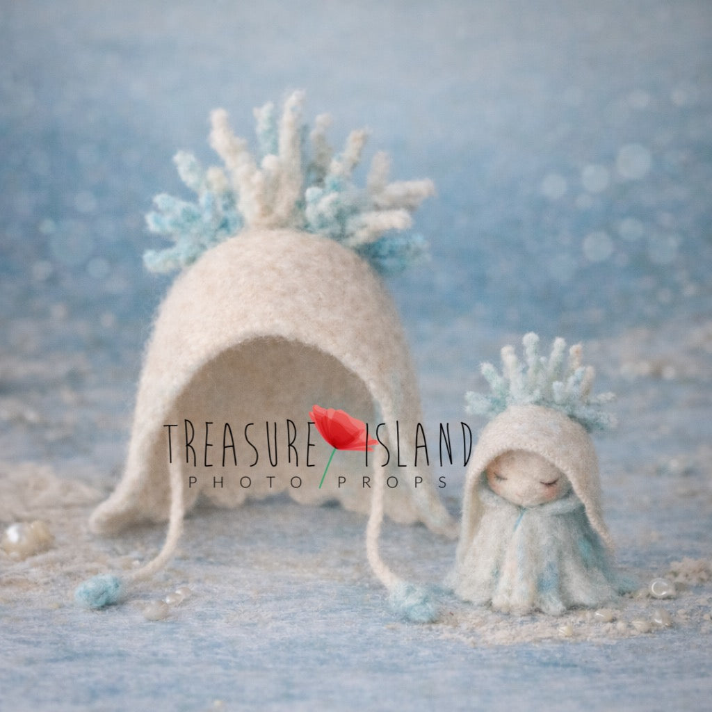 Hand felted newborn bonnet with coral inspired detail and matching miniature ghost, soft ivory and mint blue tone  fine art newborn photography prop