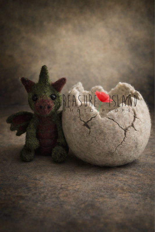 Handmade felted dragon and cracked egg shell newborn photography prop, fantasy baby photo session accessory, wool dragon toy and dragon egg prop for newborn photographers