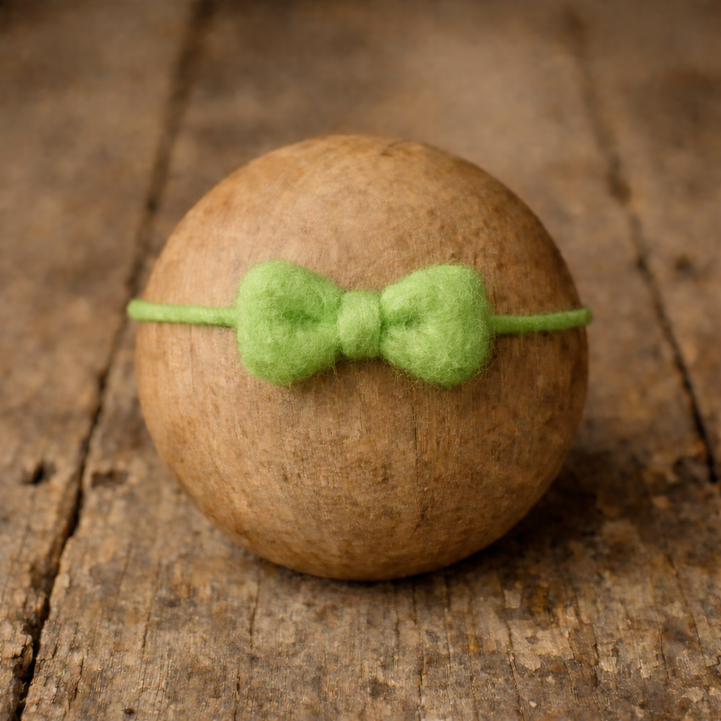 Hand-felted spring green bow headband on wool string, newborn photography prop