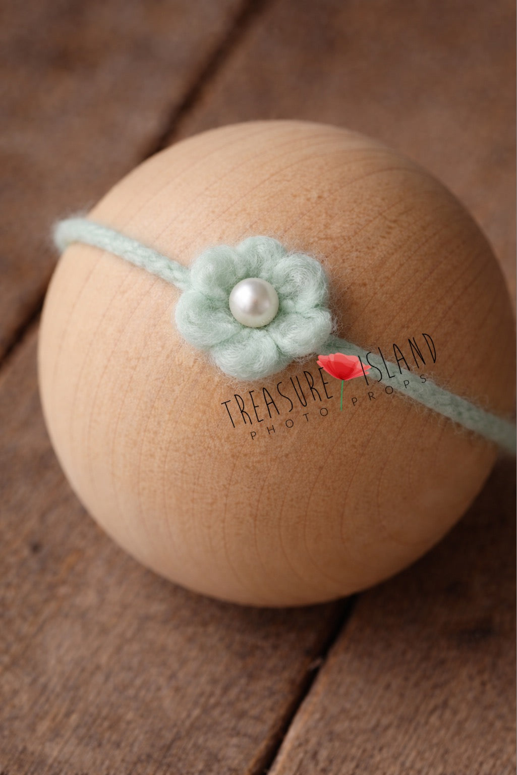 Hand-felted mint  flower headband with pearl detail, wool newborn photography prop