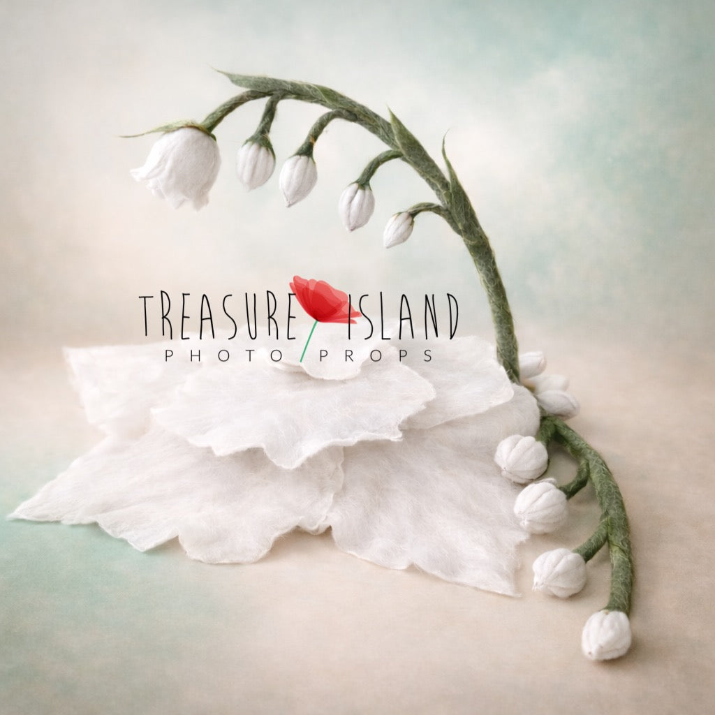 Handmade white felt flower bed prop with botanical curved stem and delicate buds, fine art newborn and sitter photography prop from Thumbelina collection by Treasure Island Photo Props