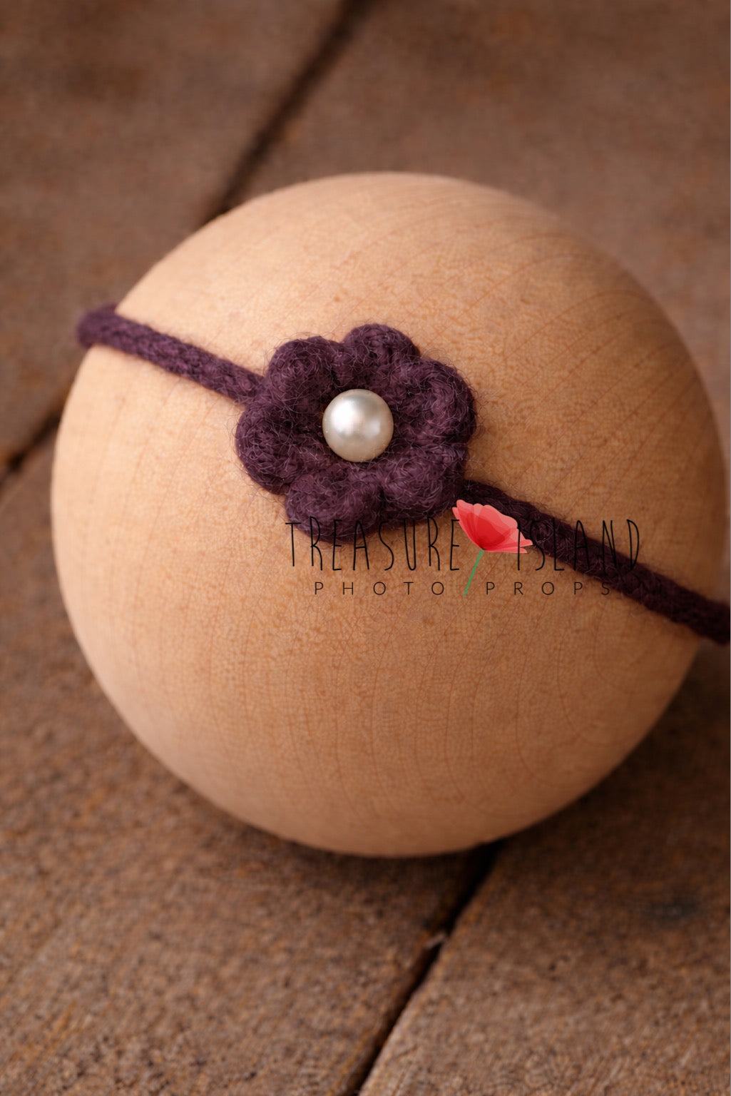 Hand-felted eggplant flower headband with pearl detail, wool newborn photography prop