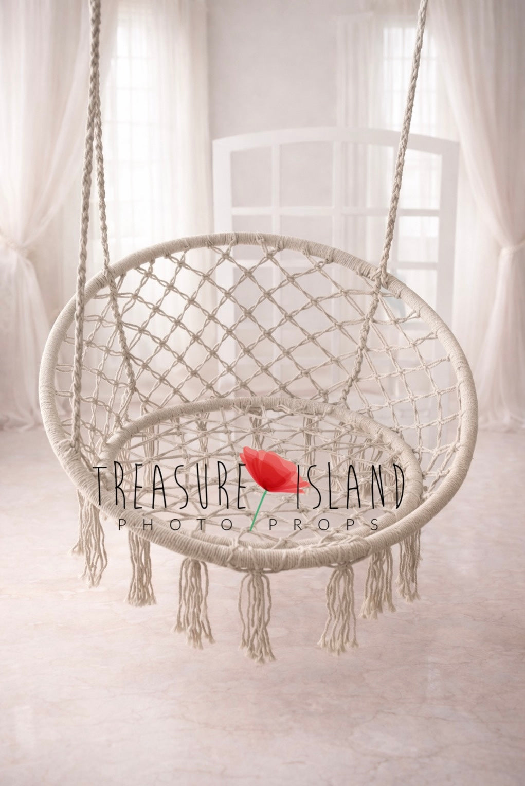 Handmade cream macrame hanging chair photo prop with tassels, elegant boho studio decor for newborn and maternity 