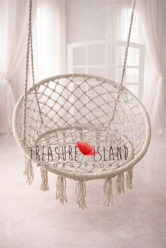Handmade cream macrame hanging chair photo prop with tassels, elegant boho studio decor for newborn and maternity 