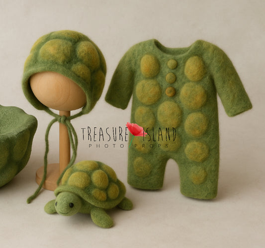Luxury Turtle Set – Knitted Romper, Felted Bonnet, Toy & Styrofoam Bowl
