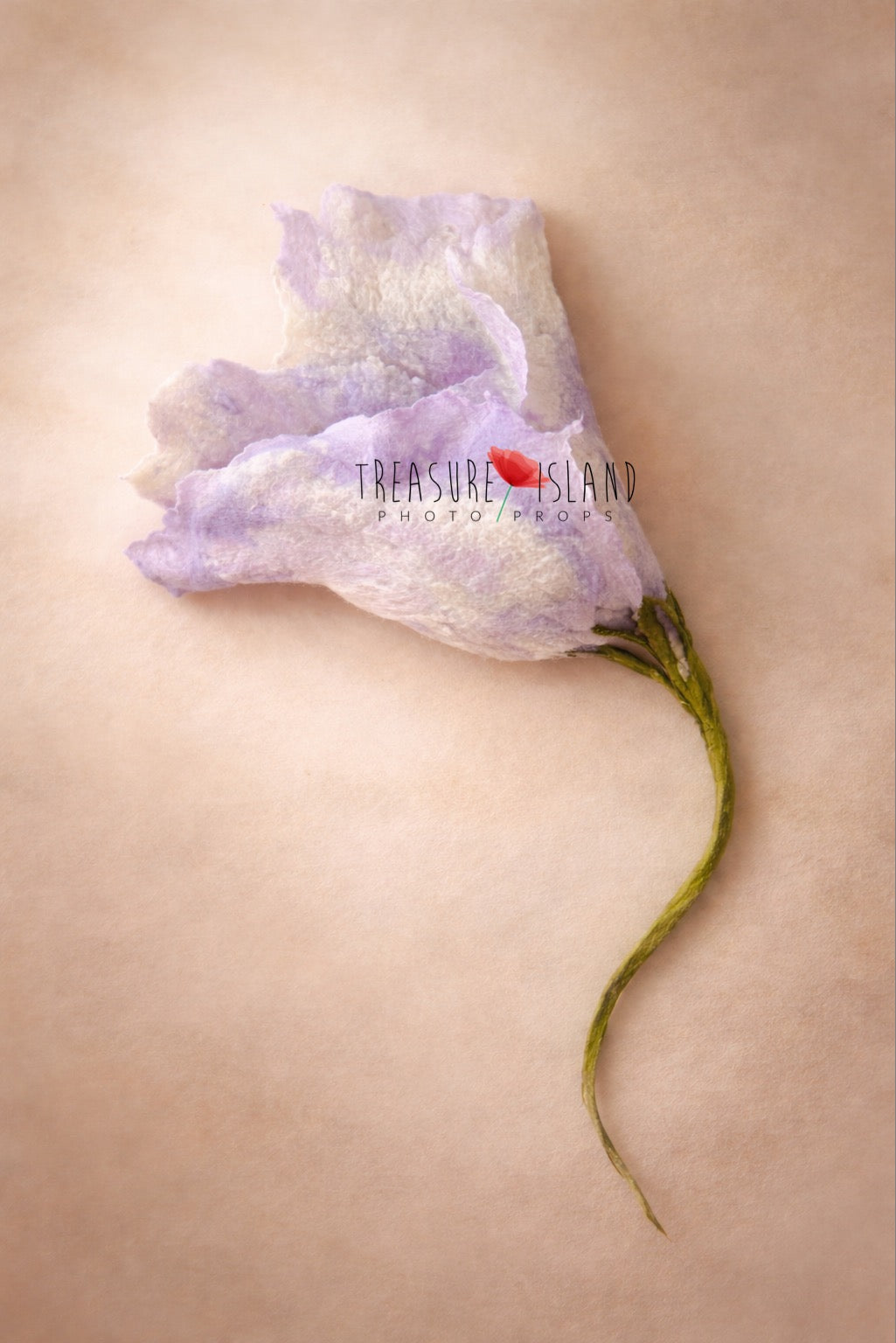 Hand felted newborn photography flower prop in cream and lavender tones with full green stem – unique artisan floral cocoon for baby photo sessions

