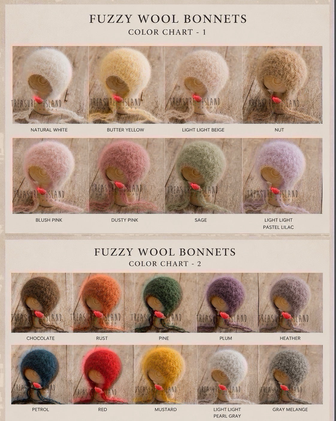 Fluffy knitted photography bonnets in a wide selection of available colours