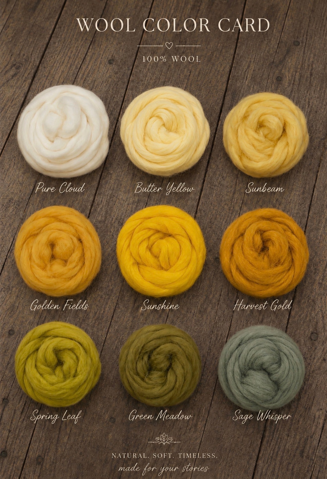 Chunky Wool Nest color card  displaying nine different wool colors arranged in a grid on a dark wood background. The colors include various shades of cream, yellow, orange, olive green, and sage green, each labeled with its name (e.