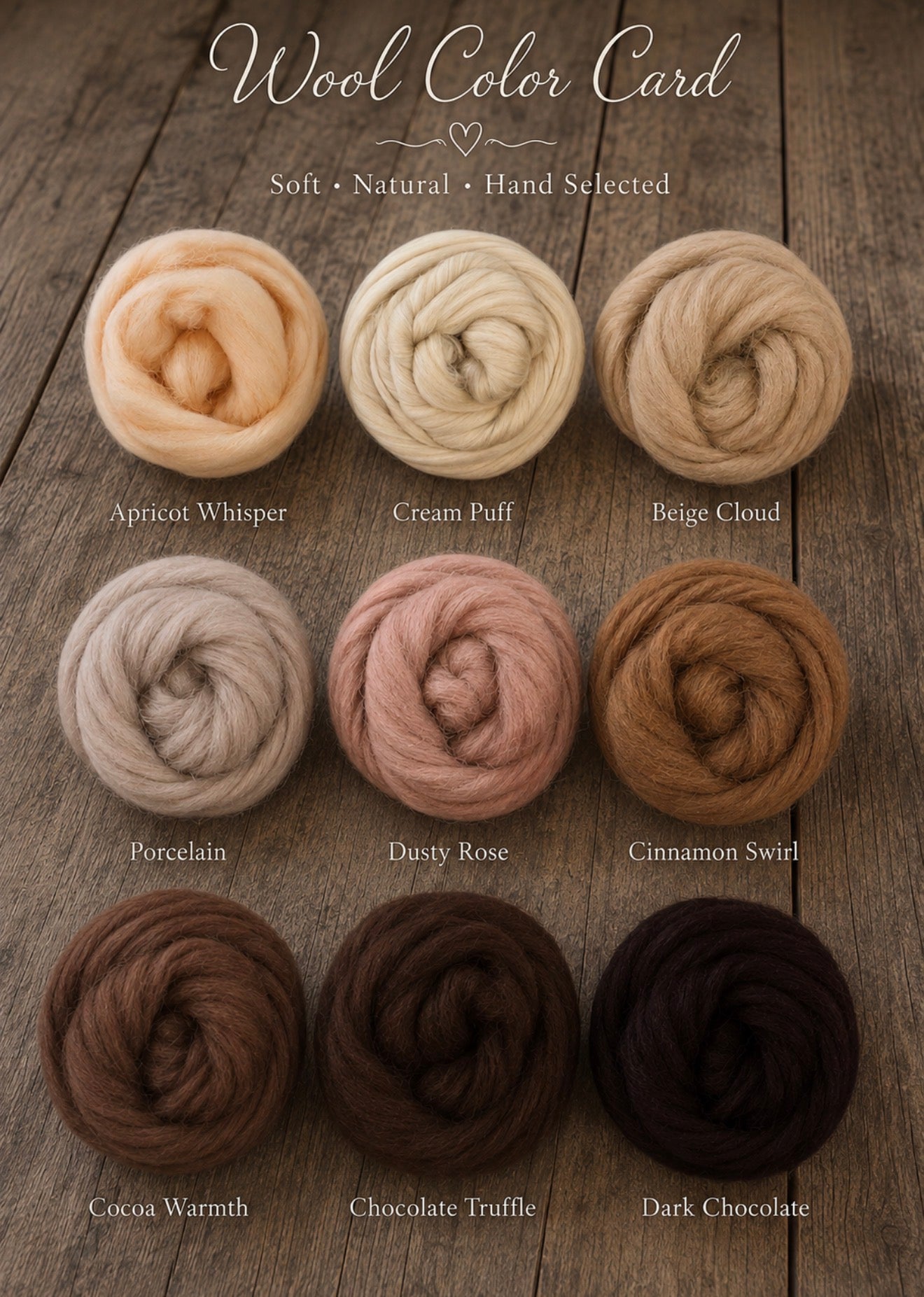 Chunky Wool Nest color card  displaying nine swirled samples of soft wool in different colors, labeled Apricot Whisper, Cream Puff, Beige Cloud, Porcelain, Dusty Rose, Cinnamon Swirl, Cocoa Warmth, Chocolate Truffle, and Dark Chocolate, arranged on a rustic wooden background under the heading 'Wool Color Card'.
