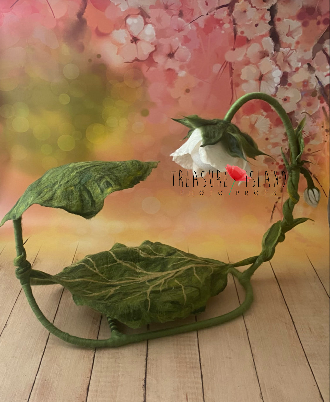 Complete Thumbelina newborn photography prop with felted hammock, flower and leaf