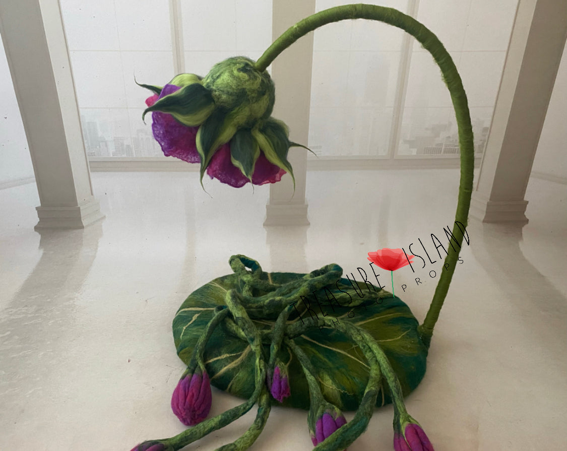 Thumbelina newborn photography prop shown with long felted flower vine shown with long felted flower vine
