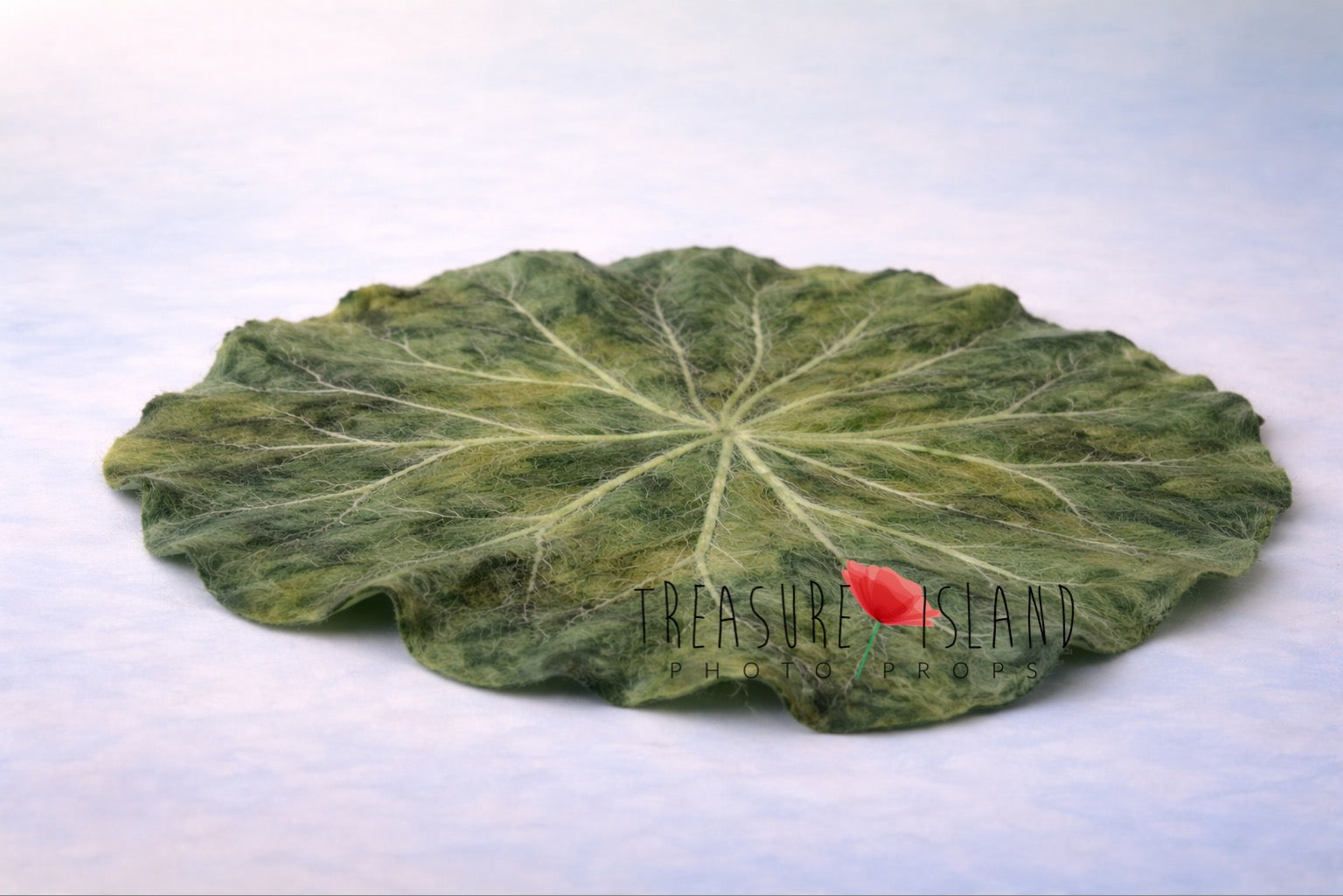 Hand felted full round water lily leaf blanket with visible veins, natural wool newborn photography prop, botanical green photo styling backdrop