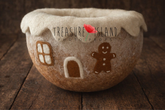 Handmade felted gingerbread house bowl photography prop with snow effect rim – newborn and sitter session Christmas prop
