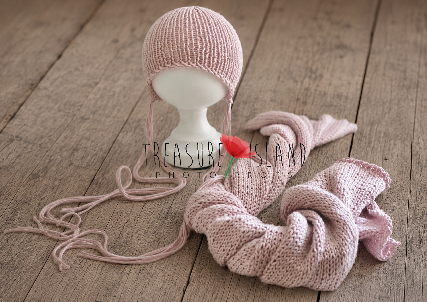 Luxury handmade newborn bonnet and wrap set knitted from a premium wool and bamboo blend in soft blush pink, designed for newborn photography