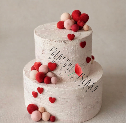 Valentine’s Cake Smash Prop – Handcrafted Styrofoam Cake with Felted Hearts
