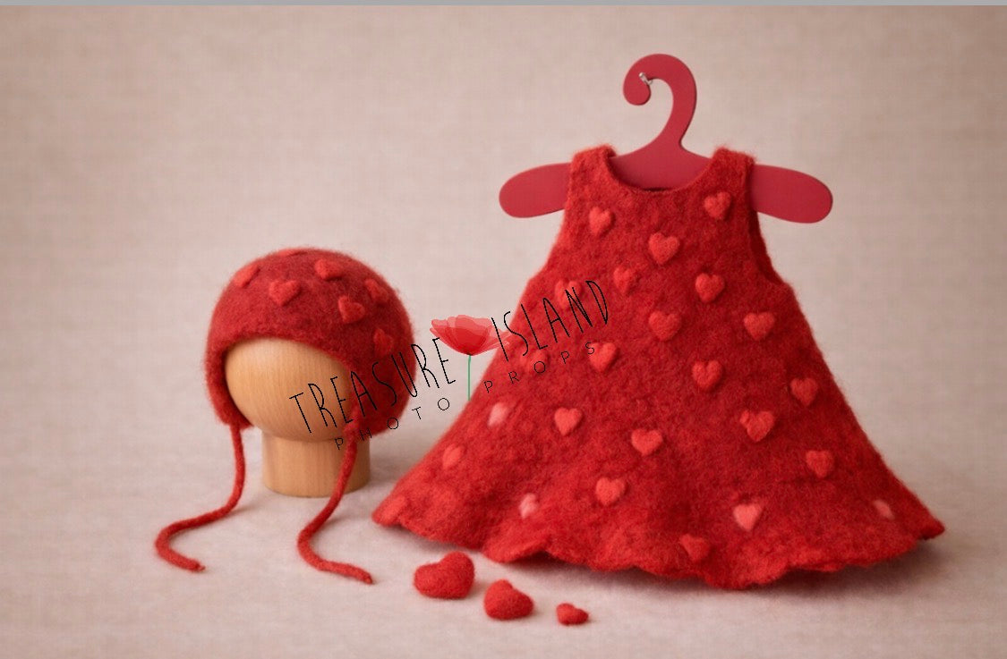 Valentine Felted Bonnet & Dress Set – Handmade Newborn Photography Props