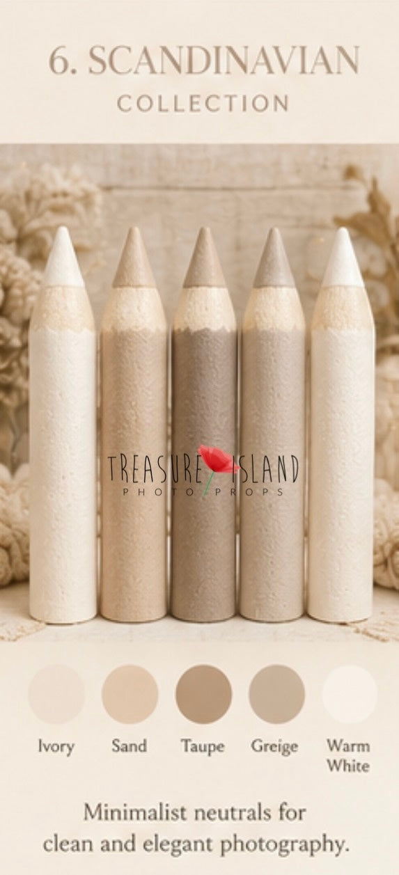 Chart of Scandinavian Collection handmade styrofoam giant colored pencils in Ivory, Sand, Taupe, Greige, Warm White. Back to School photo props for newborn, sitter and cake smash photography. Back to School photography props for newborn, sitter and cake smash sessions.