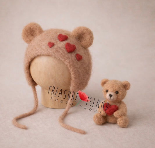 Valentine Teddy Bear Bonnet & Mini Bear Set – Handmade Newborn Photography Props