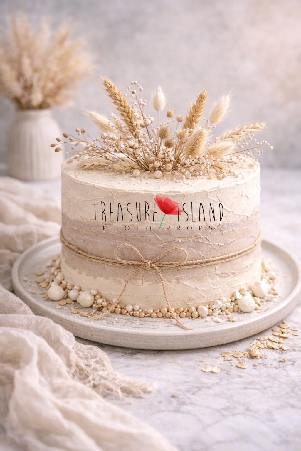 25 cm boho cake smash prop with textured structural paste finish, artificial wheat and dried grass arrangement, neutral beige photography prop