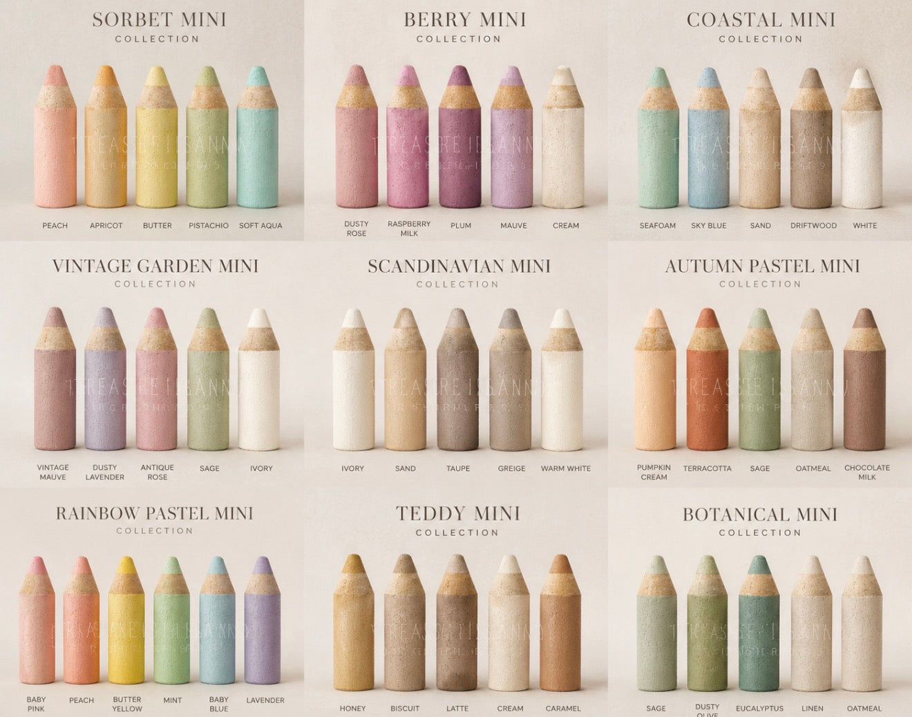 Color collection chart of MINU handmade styrofoam colored pencils photography props featuring Soft Pastel, Botanical, Berry, Sorbet, Rainbow Pastel, Scandinavian, Autumn Pastel, Vintage Garden, Coastal and Teddy color palettes for newborn, cake smash and back to school photography.