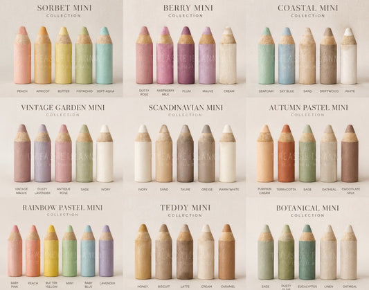 Color collection chart of MINU handmade styrofoam colored pencils photography props featuring Soft Pastel, Botanical, Berry, Sorbet, Rainbow Pastel, Scandinavian, Autumn Pastel, Vintage Garden, Coastal and Teddy color palettes for newborn, cake smash and back to school photography.