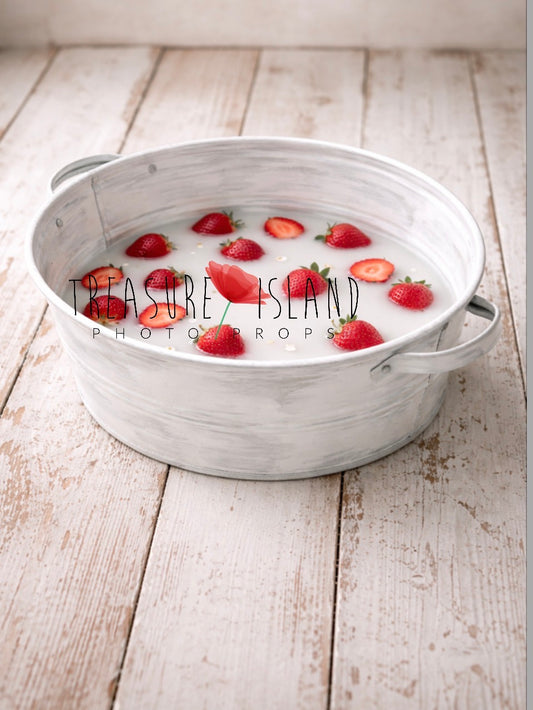 Vintage white milk bath bowl with milk and strawberries, sitter and cake smash photography prop
