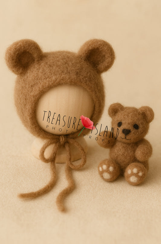 Felted Teddy Bear Bonnet Set – handmade newborn & sitter prop