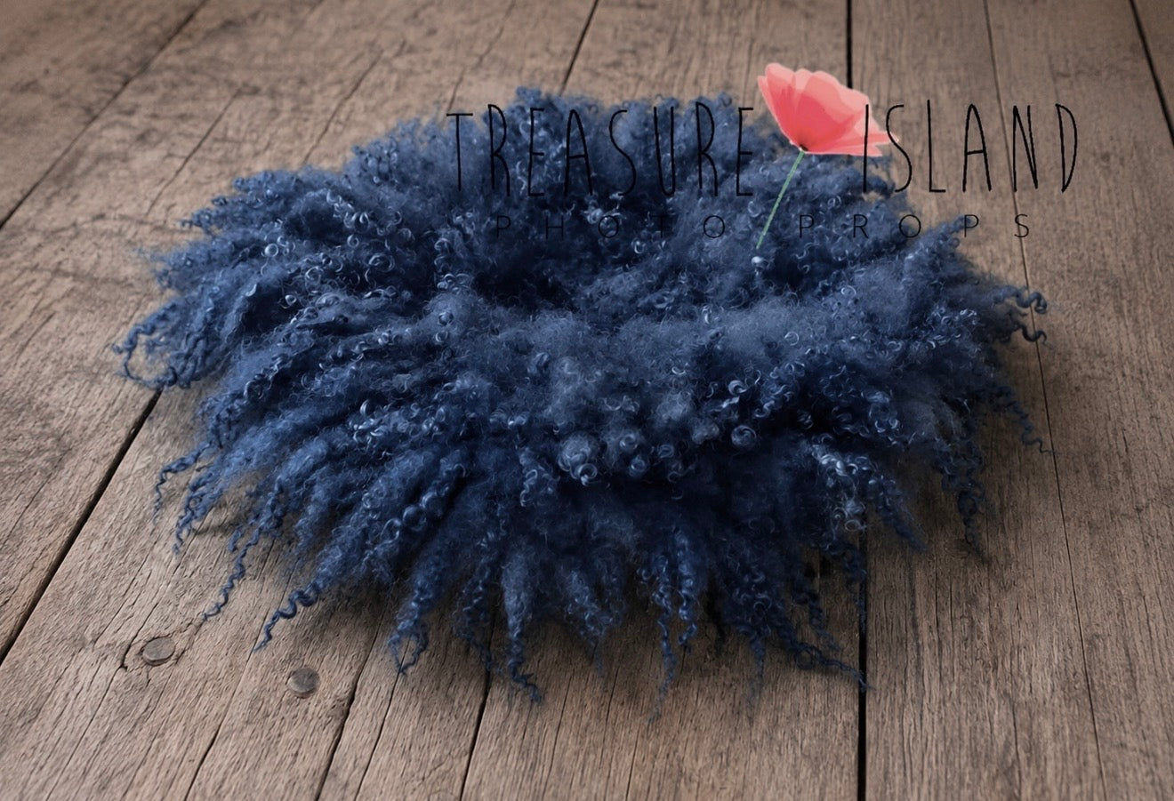 Deep Denim hand felted curly wool blanket with natural sheep curls for newborn and sitter photography